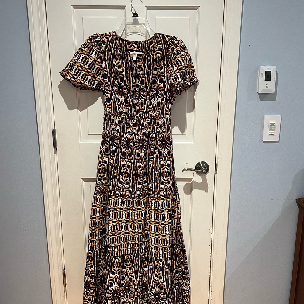 Anthropologie Maeve maxi dress, Navy/orange